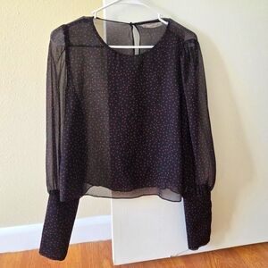 Zara Blouse L Sheer Black with Hearts Top